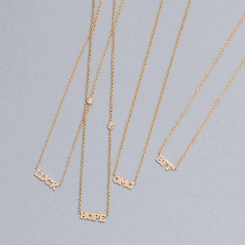 14k itty bitty LUCK necklace with floating diamond - SALE