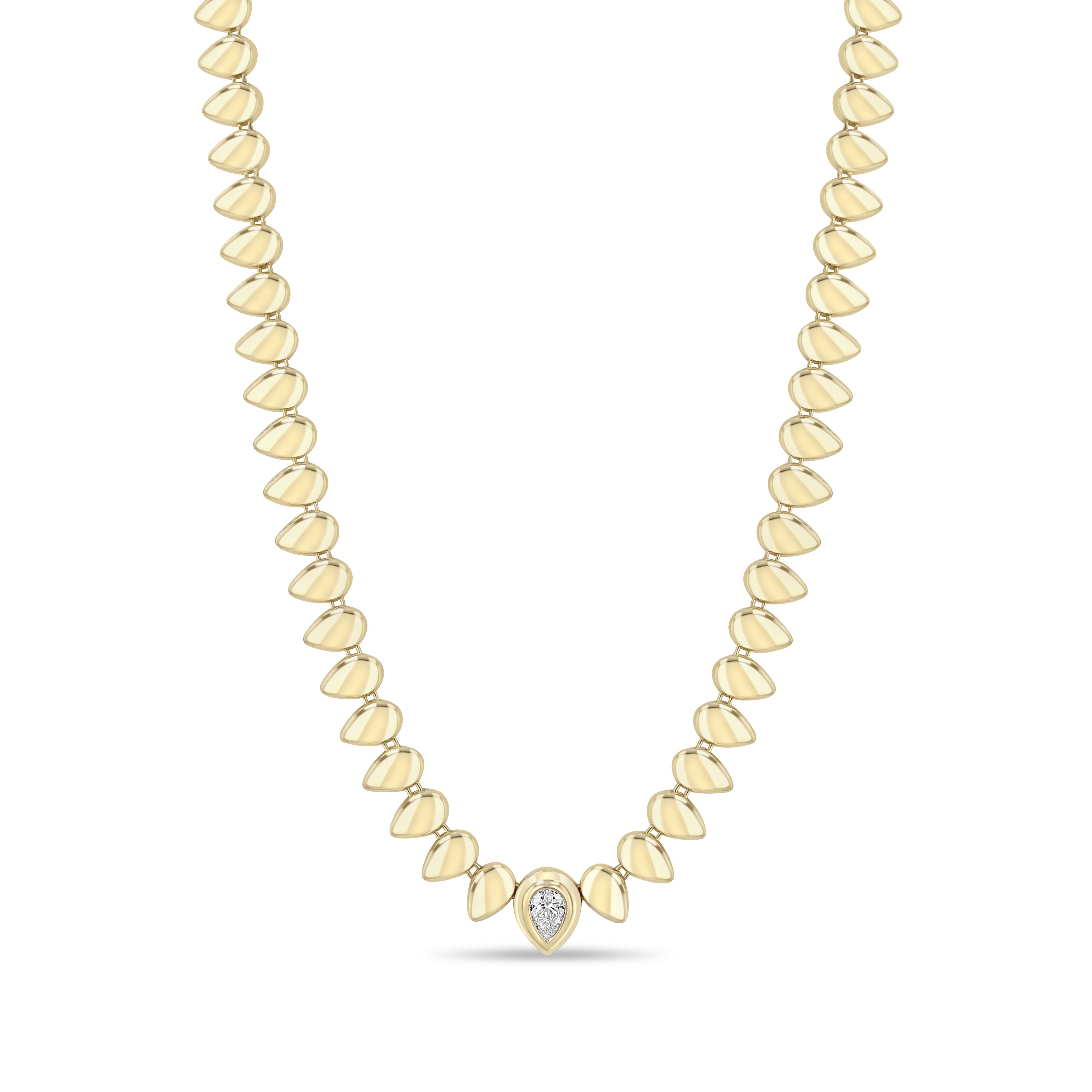 Zoe Chicco 14k gold teardrop shaped bead necklace with a single pear diamond on a white background