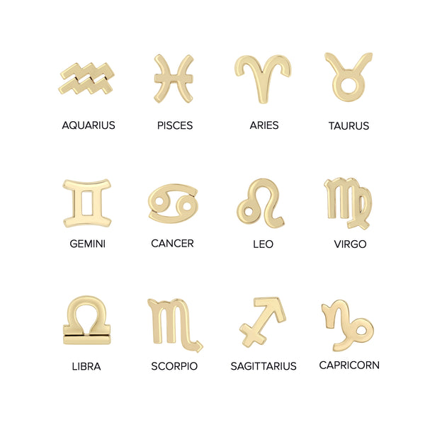 An image of all Zoë Chicco 14k Gold Itty Bitty Zodiac symbols laid out against a white background