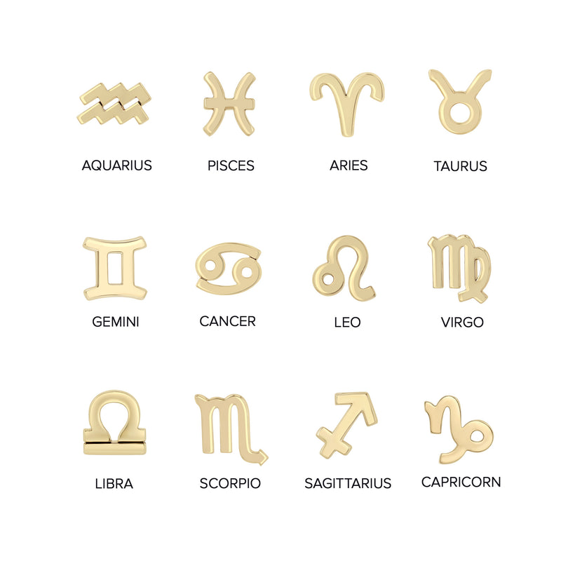 An image of all Zoë Chicco 14k Gold Itty Bitty Zodiac symbols laid out against a white background
