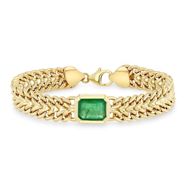 Zoë Chicco 14k Gold One of a Kind Emerald Cut Emerald Bezel Double Wide Curb Chain Bracelet