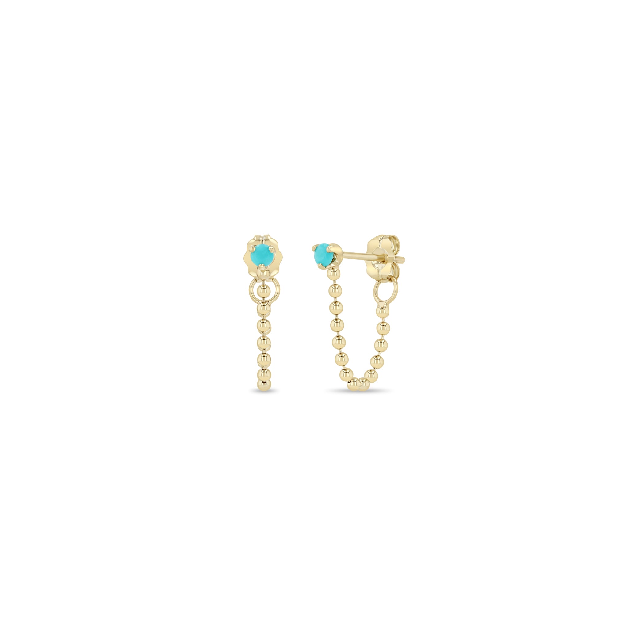 Zoe Chicco 14k Prong Turquoise Bead Chain Huggie Earrings on a white background