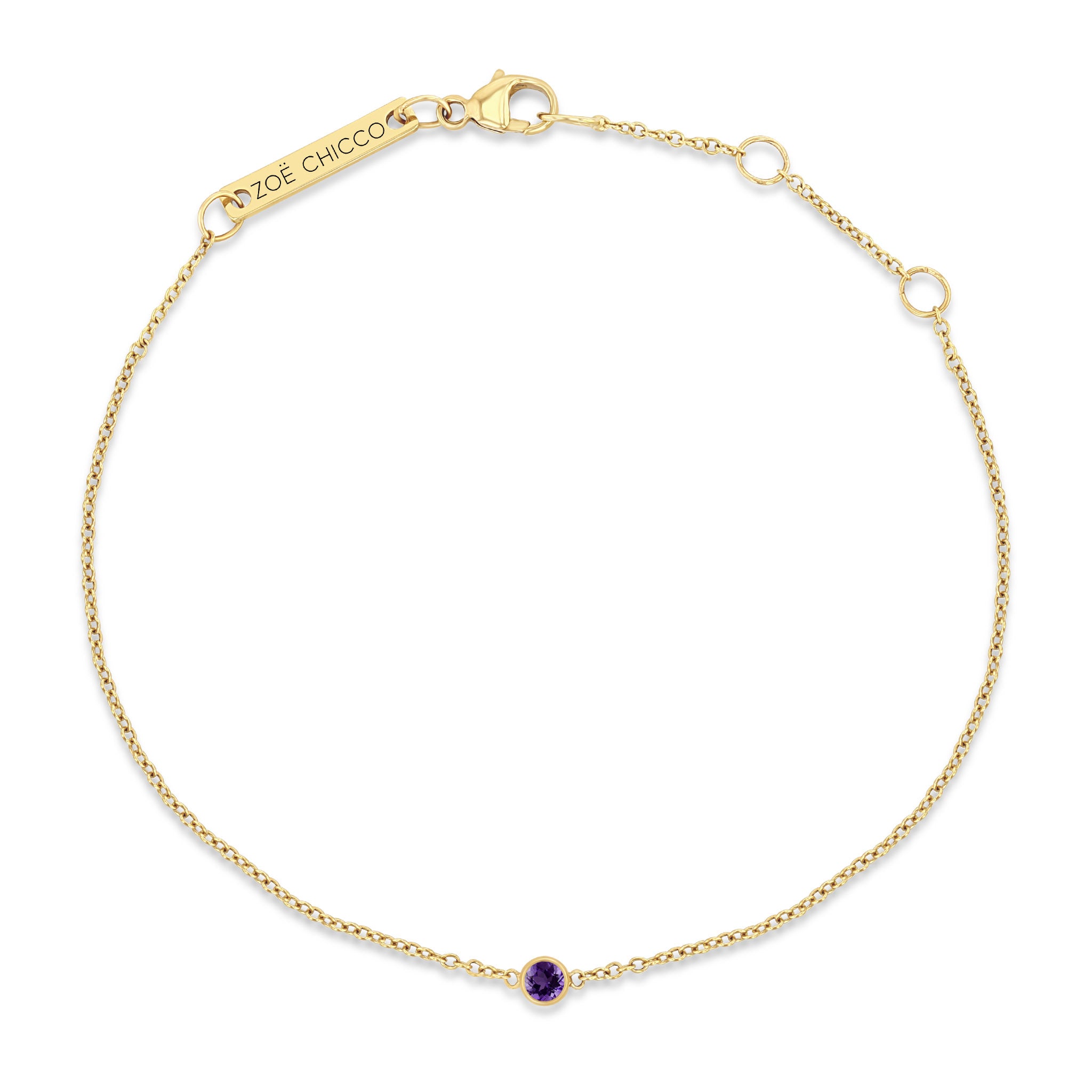 top down view of a Zoë Chicco 14k Gold Single Amethyst Bezel Bracelet | February Birthstone