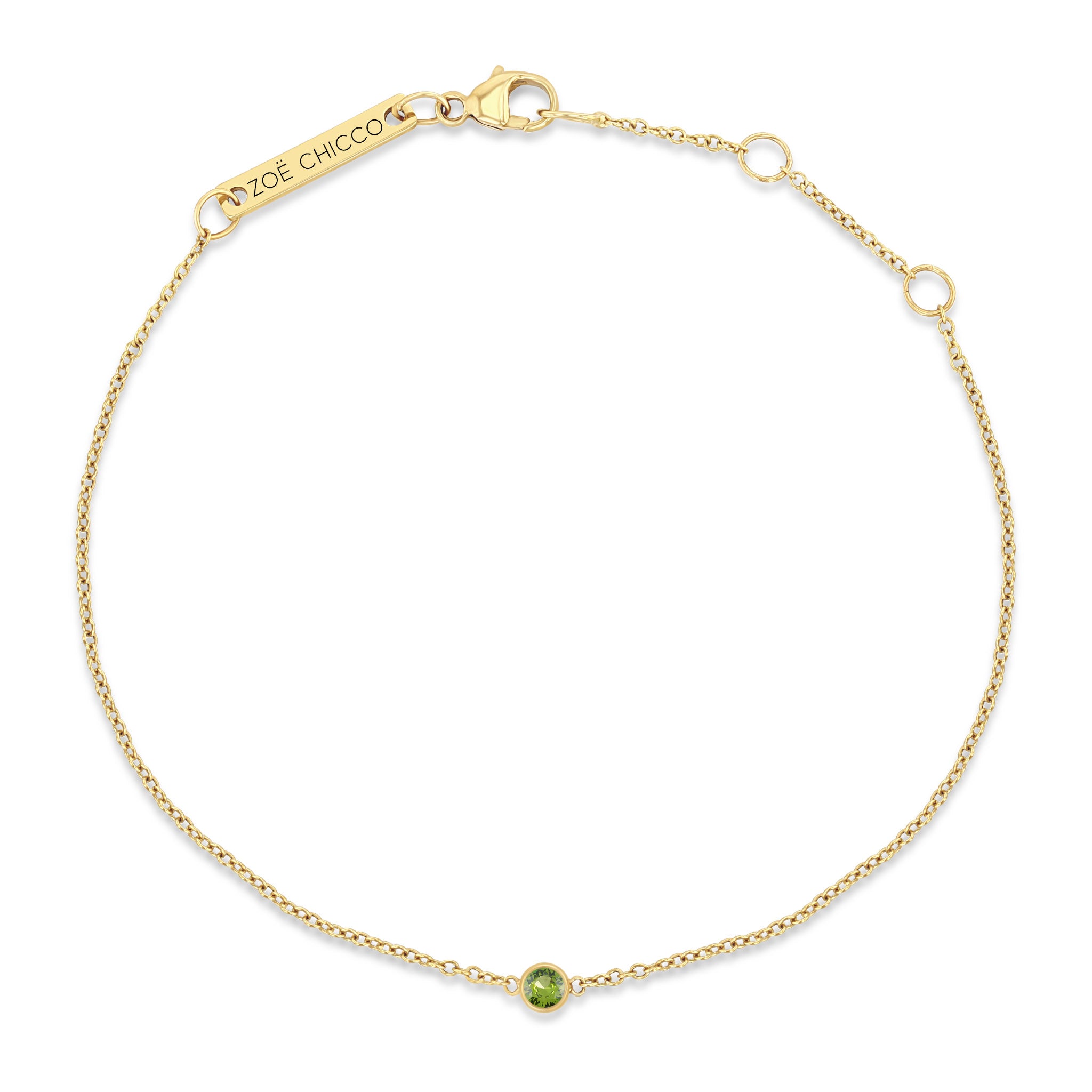 top down view of a Zoe Chicco 14k Single Peridot Bezel Chain Bracelet | August Birthstone