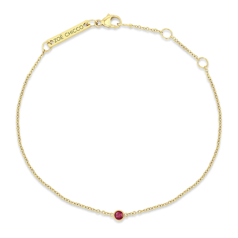 top down view of a Zoe Chicco 14k Gold Single Ruby Bezel Chain Bracelet | July Birthstone