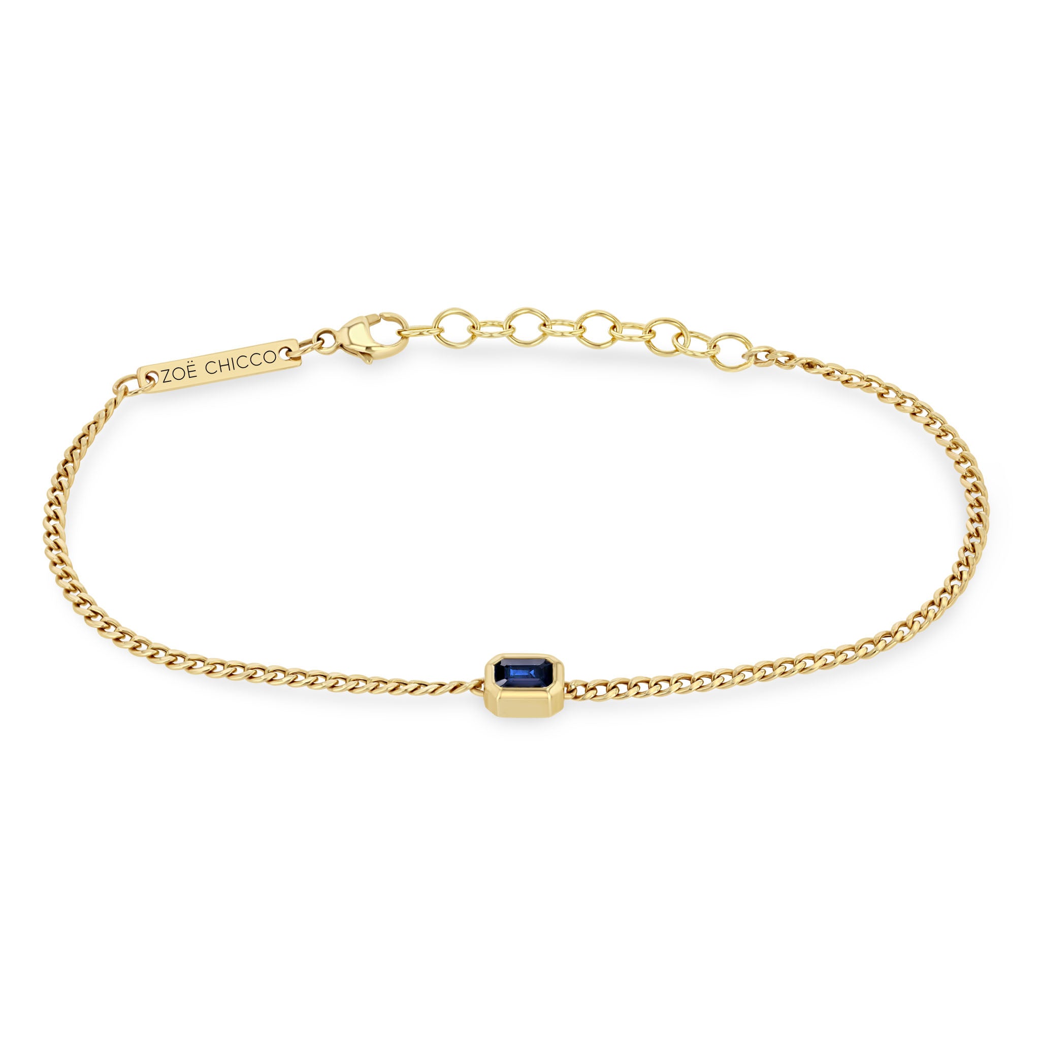 Zoë Chicco 14k Gold Emerald Cut Blue Sapphire XS Curb Chain Bracelet
