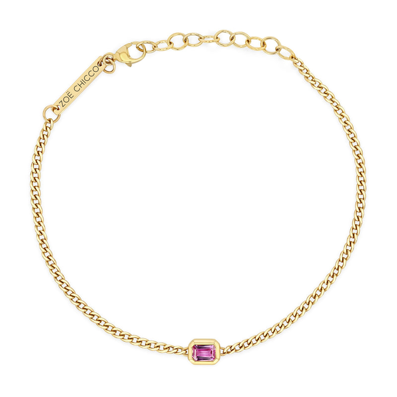 top down view of a Zoë Chicco 14k Gold Emerald Cut Pink Sapphire XS Curb Chain Bracelet