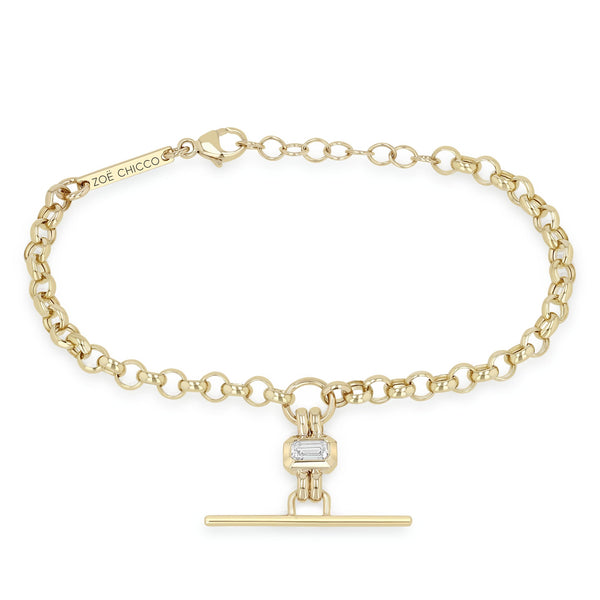 14k Emerald Cut Diamond Faux Toggle Rolo Chain Bracelet