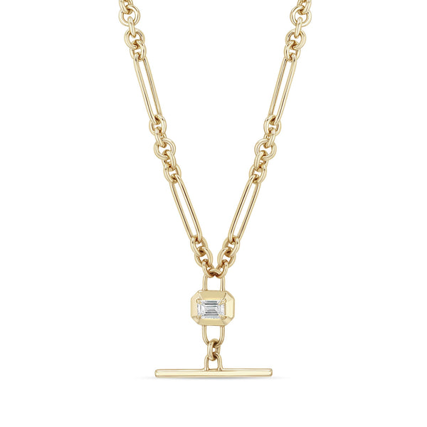 14k Emerald Cut Diamond Faux Toggle Large Paperclip & Rolo Chain Lariat Necklace