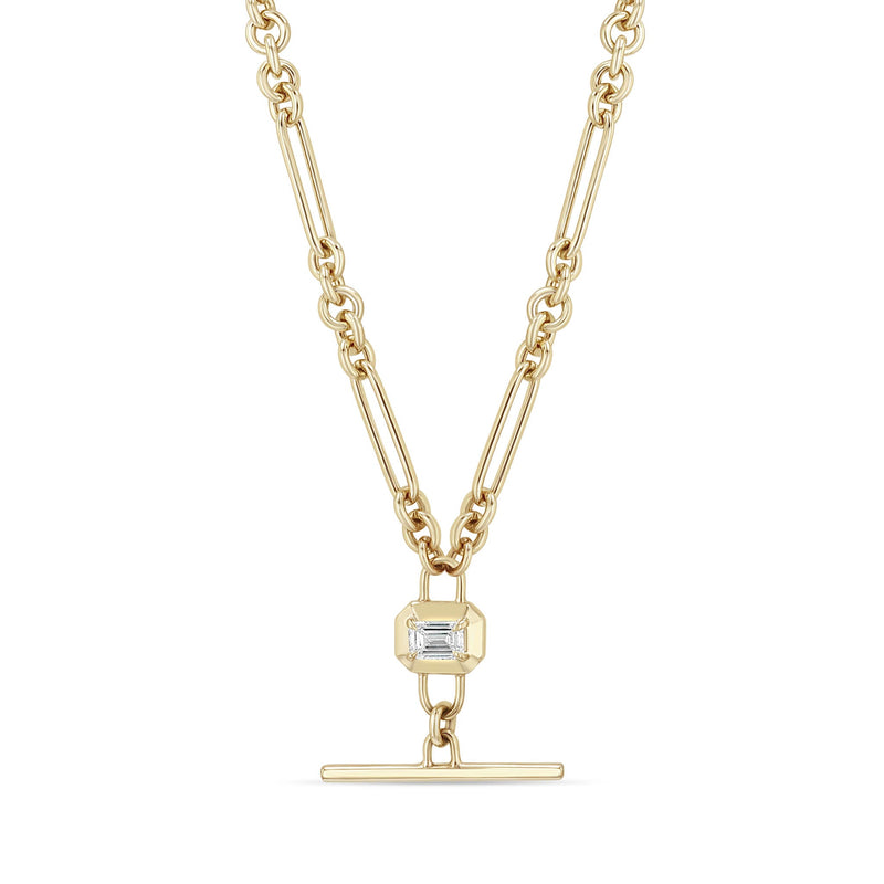 14k Emerald Cut Diamond Faux Toggle Large Paperclip & Rolo Chain Lariat Necklace