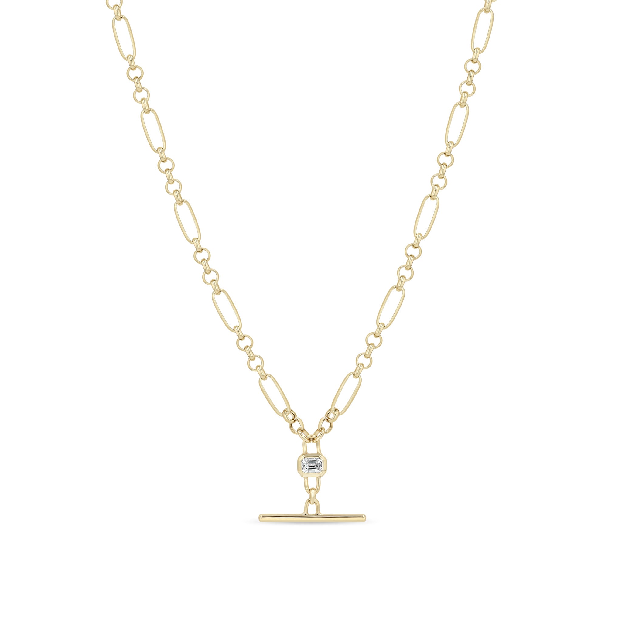 Zoe Chicco 14k Emerald Cut Diamond Faux Toggle Paperclip & Rolo Chain Lariat Necklace on a white background