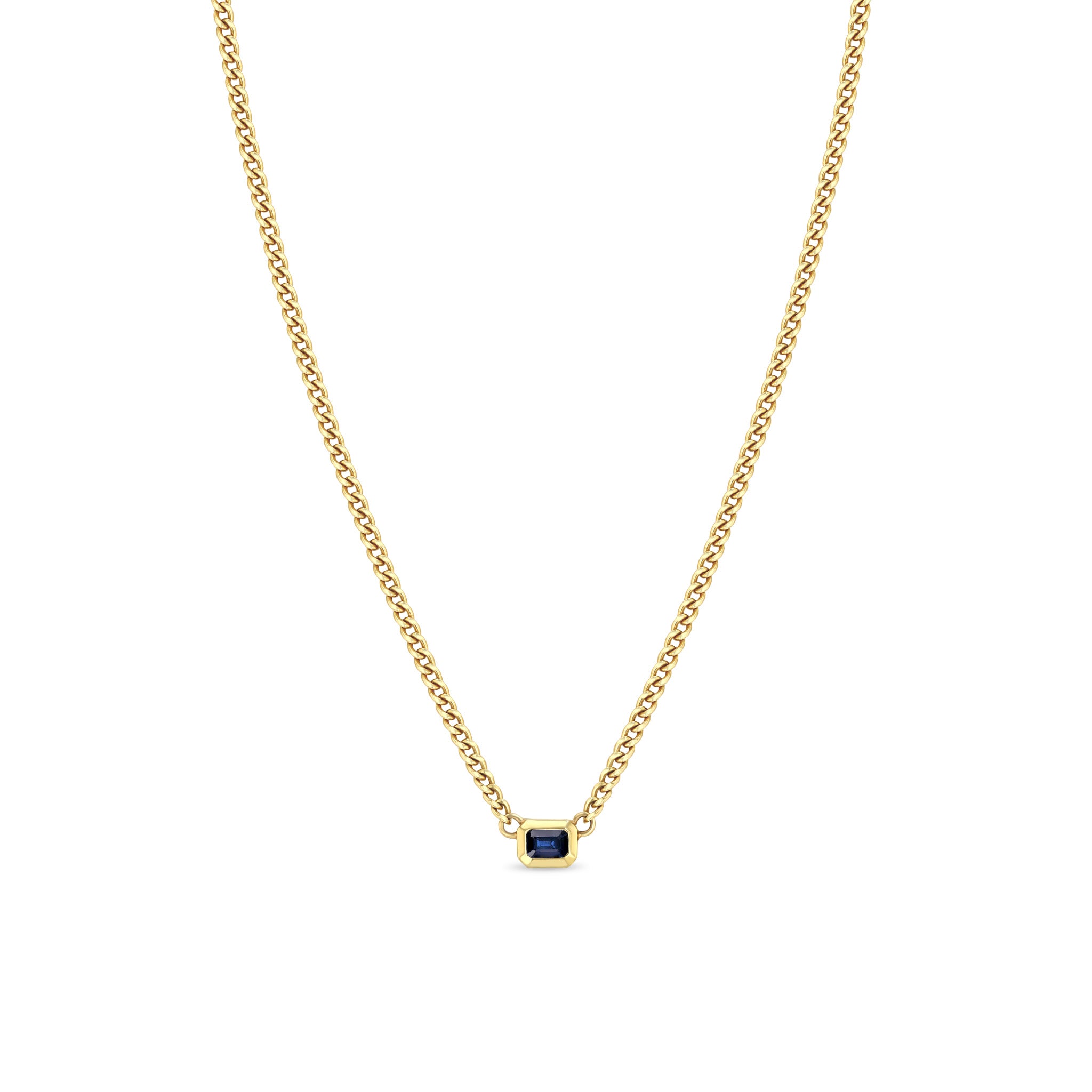 Zoë Chicco 14k Gold Emerald Cut Blue Sapphire Bezel XS Curb Chain Necklace