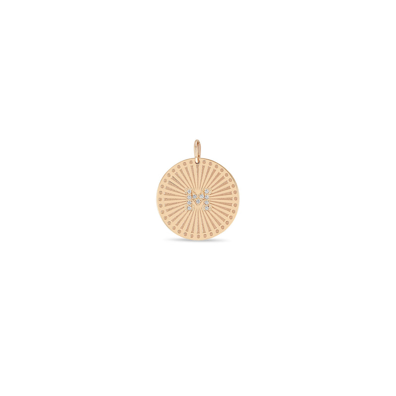 Zoë Chicco 14k Gold Pavé Diamond Initial Letter Medium Sunbeam Medallion Charm Pendant with the letter M