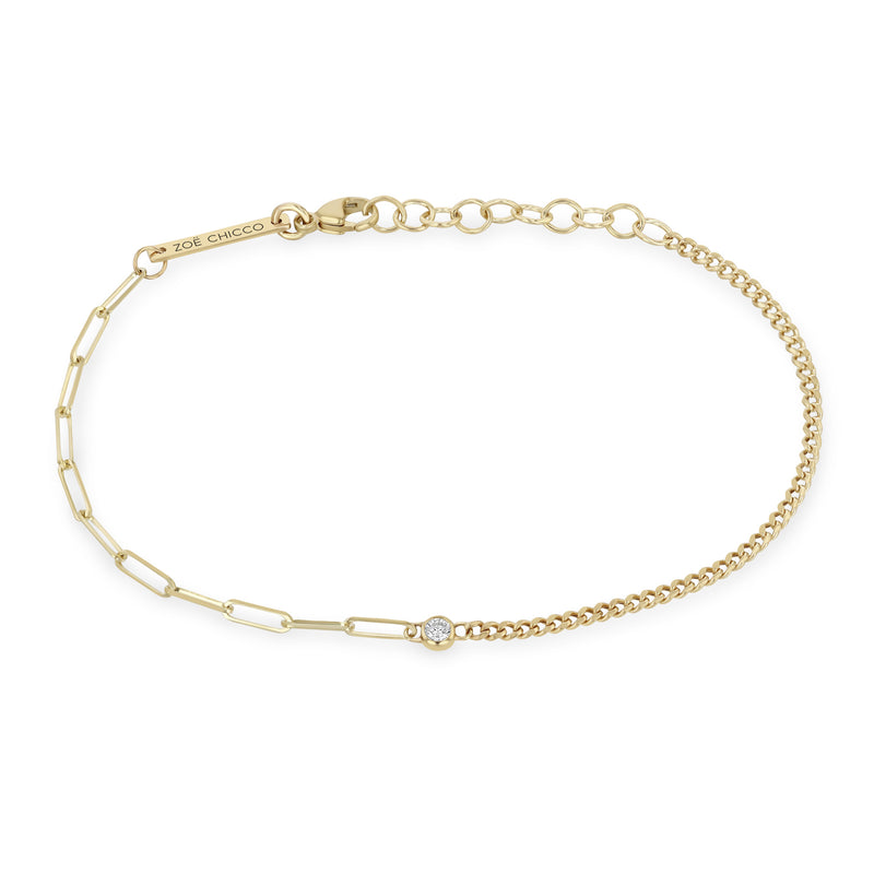 Zoë Chicco 14k Gold Floating Diamond Mixed XS Curb & Small Paperclip Chain Bracelet