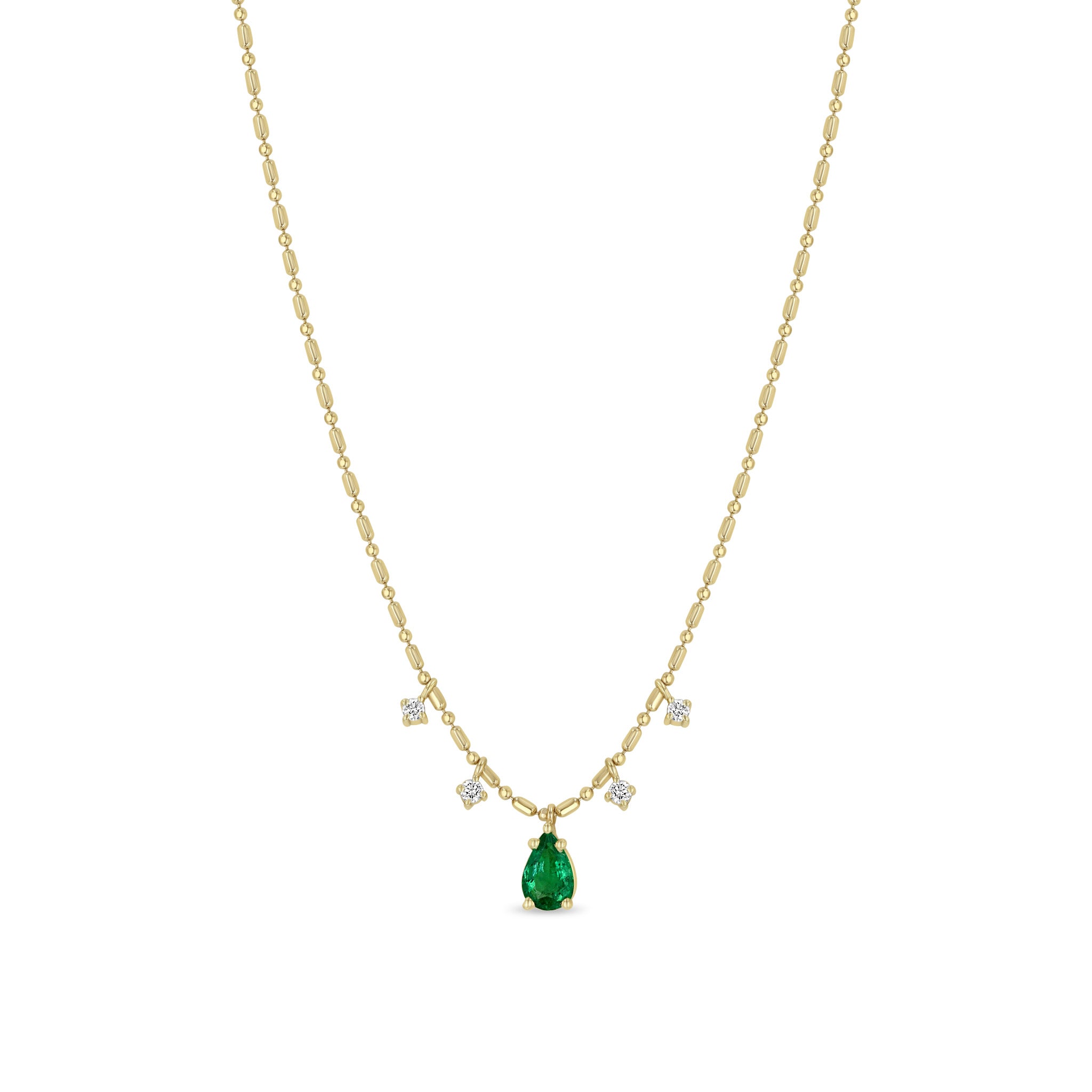 Zoë Chicco 14k Gold Pear Emerald Pendant & Dangling Diamonds Tube Bar Chain Necklace
