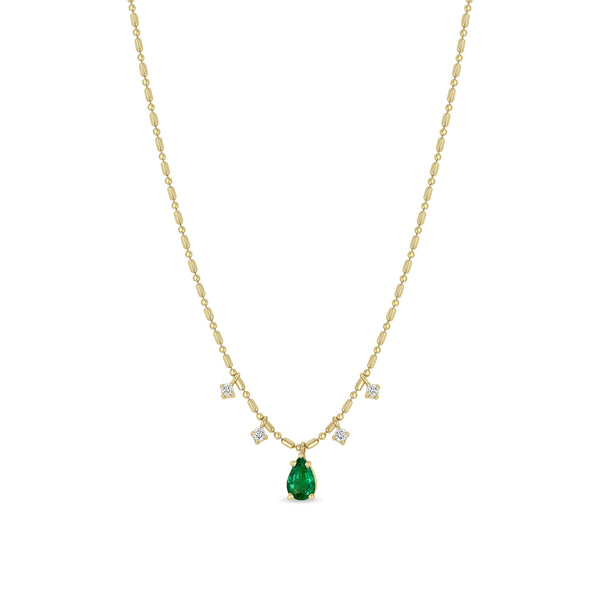 Zoë Chicco 14k Gold Pear Emerald Pendant & Dangling Diamonds Tube Bar Chain Necklace