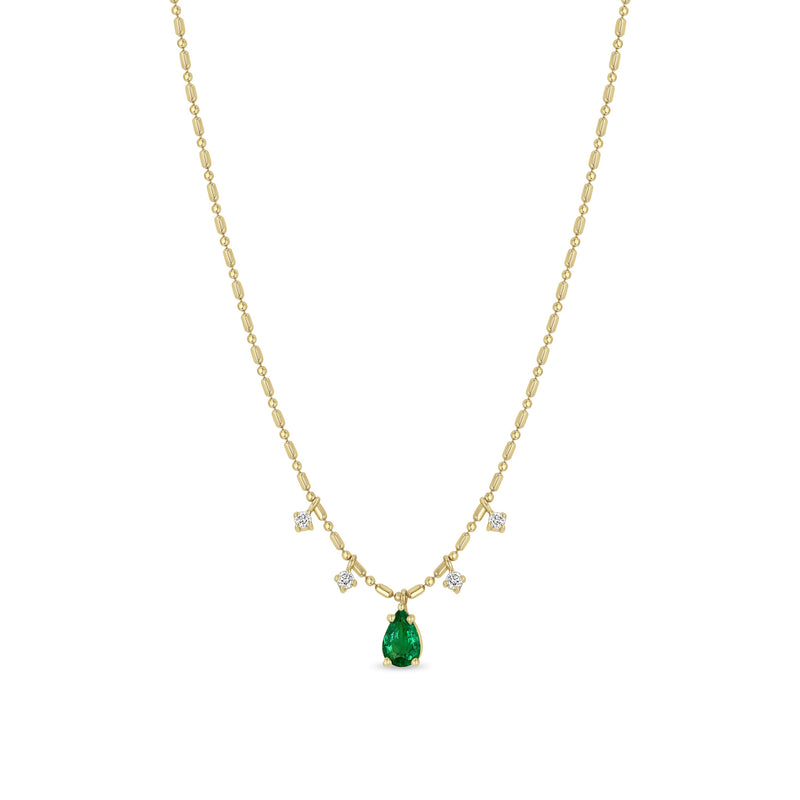 Zoë Chicco 14k Gold Pear Emerald Pendant & Dangling Diamonds Tube Bar Chain Necklace