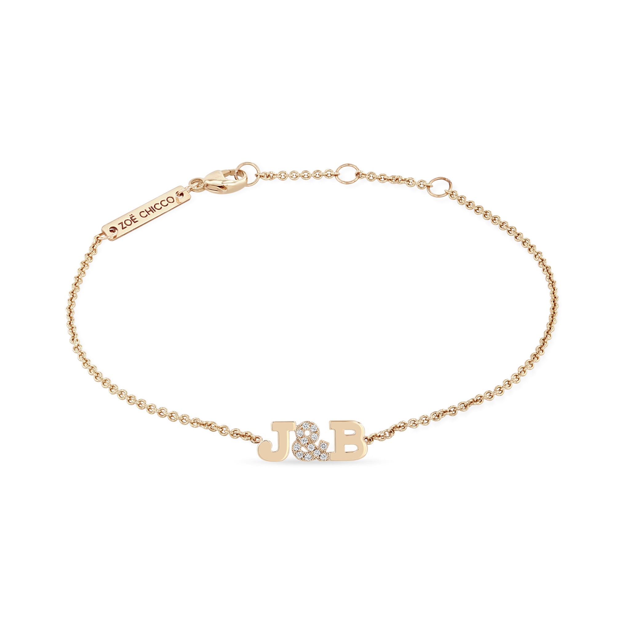 Zoe Chicco 14k rose gold chain bracelet with initials "J B" and a pave diamond ampersand on a white background
