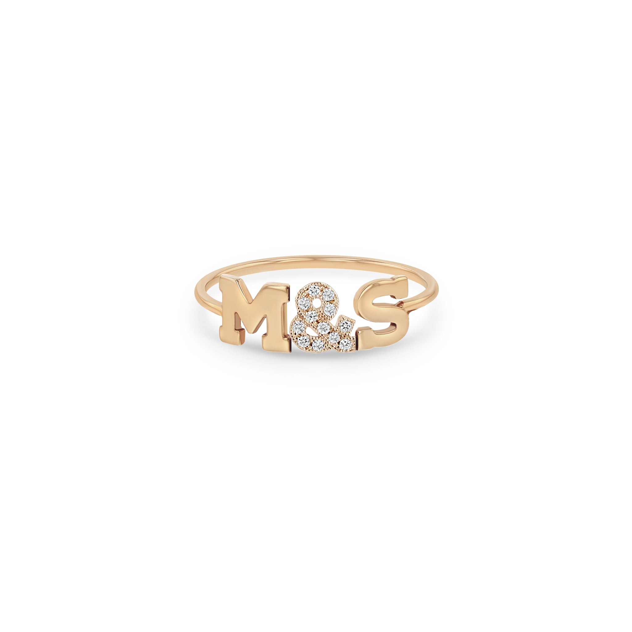 Zoe Chicco 14k rose gold ring with 'M&S' letters and a pave diamond ampersand on a white background