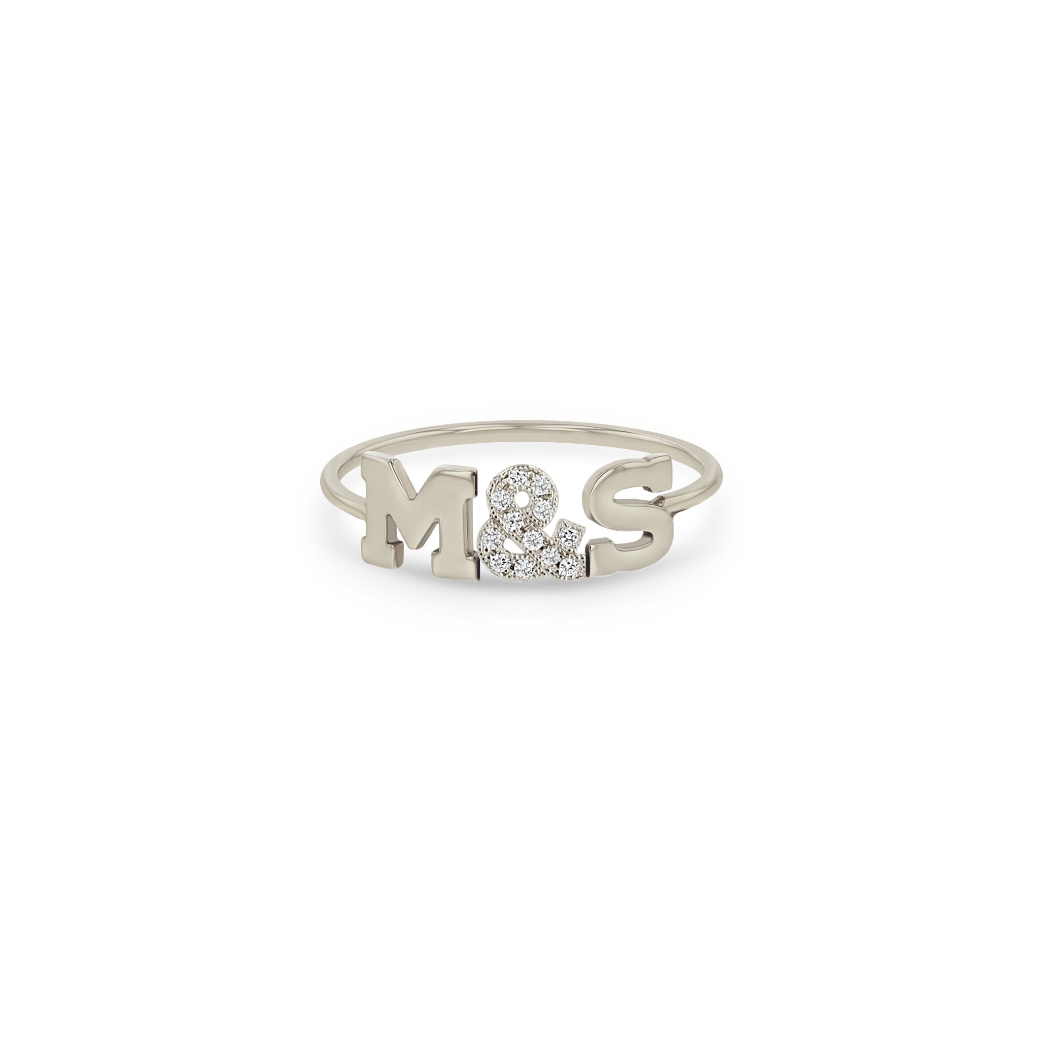 Zoe Chicco 14k white gold ring with 'M&S' letters and a pave diamond ampersand on a white background