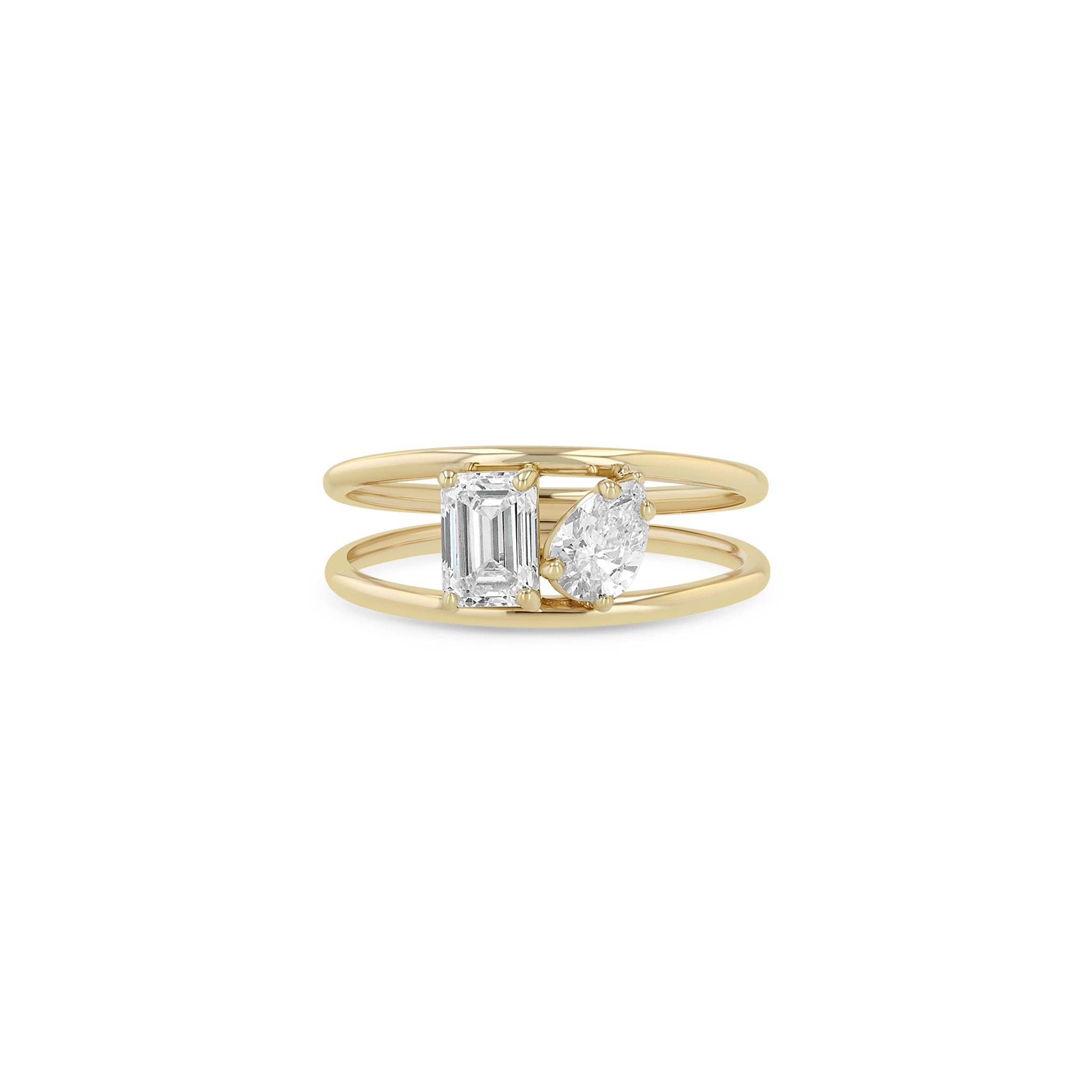 Zoe Chicco 14k gold ring with two diamond stones of different shapes on a white background