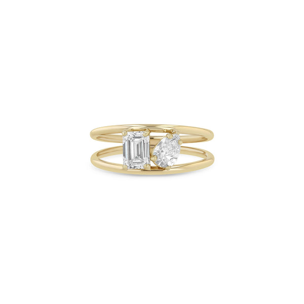 Zoe Chicco 14k gold ring with two diamond stones of different shapes on a white background