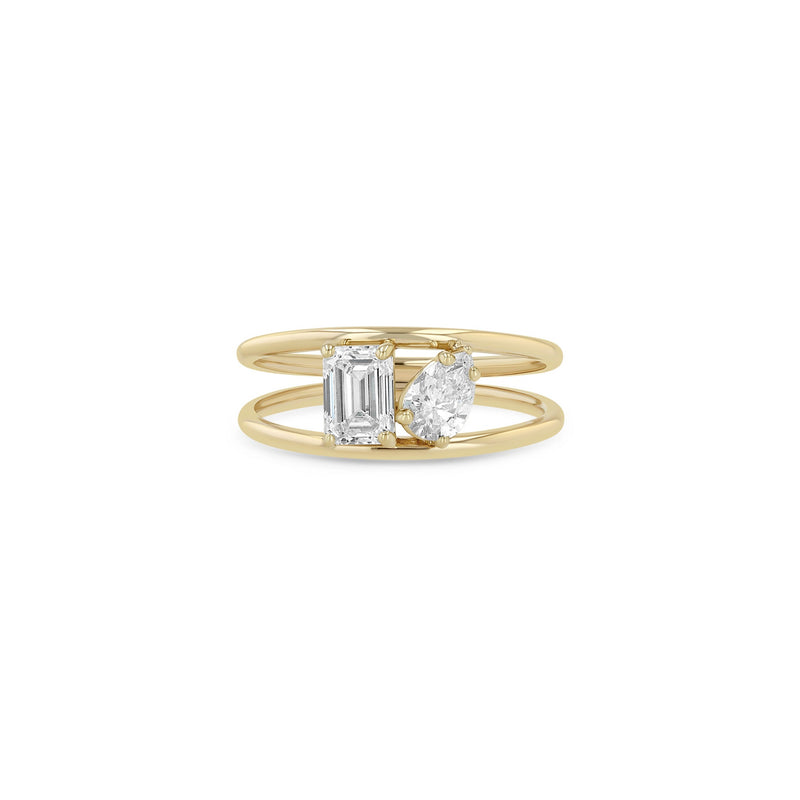 Zoe Chicco 14k gold ring with two diamond stones of different shapes on a white background