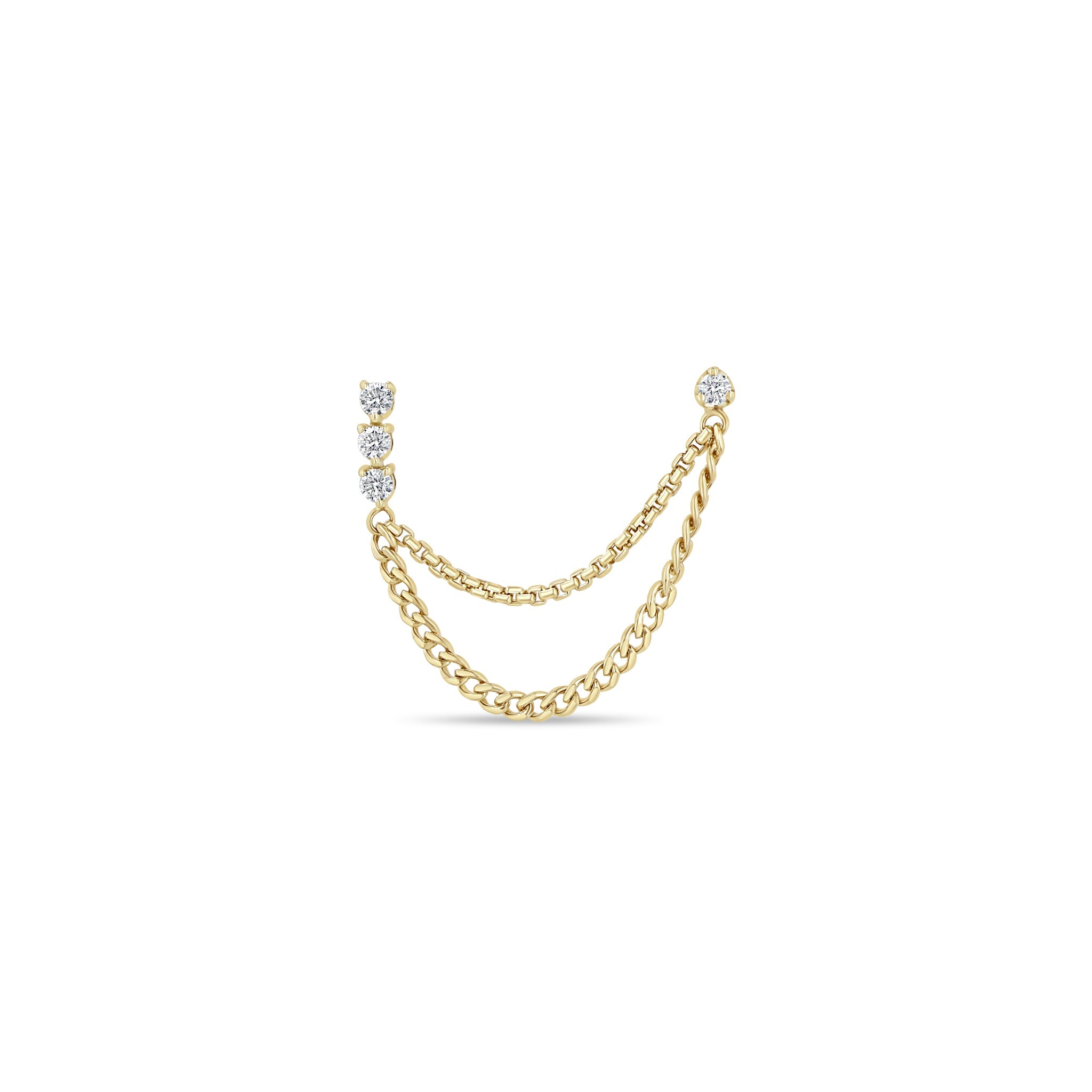 Zoe Chicco 14k gold chain and diamond double piercing earring on a white background