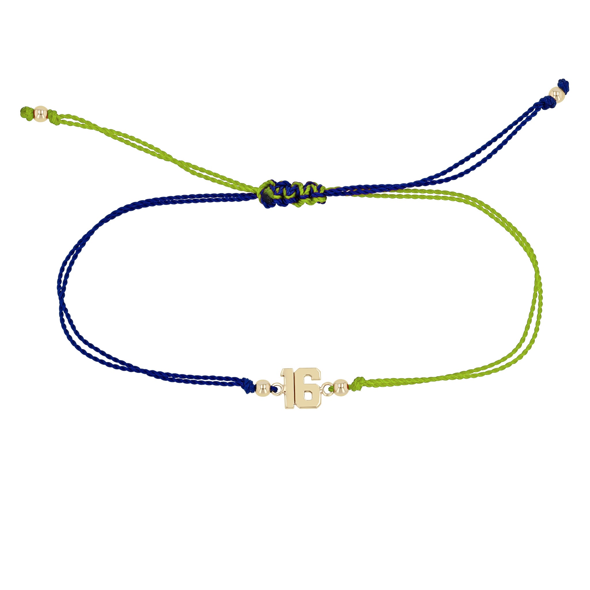 Zoë Chicco 14k Gold Custom Varsity Number "16" Cord Bracelet in Navy Blue & light green Colors