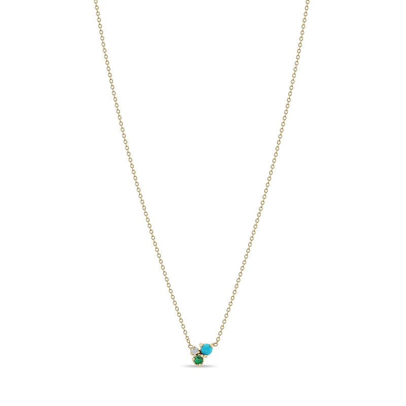 Zoe Chicco 14k gold chain necklace with a diamond, emerald, and turquoise small pendant on a white background