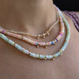 14k Gold & Mixed Light Blue Opal Rondelle Bead Necklace with 3 Prong Diamonds