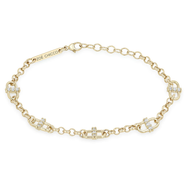 14k Prong Diamond Open Link Station Medium Rolo Chain Bracelet
