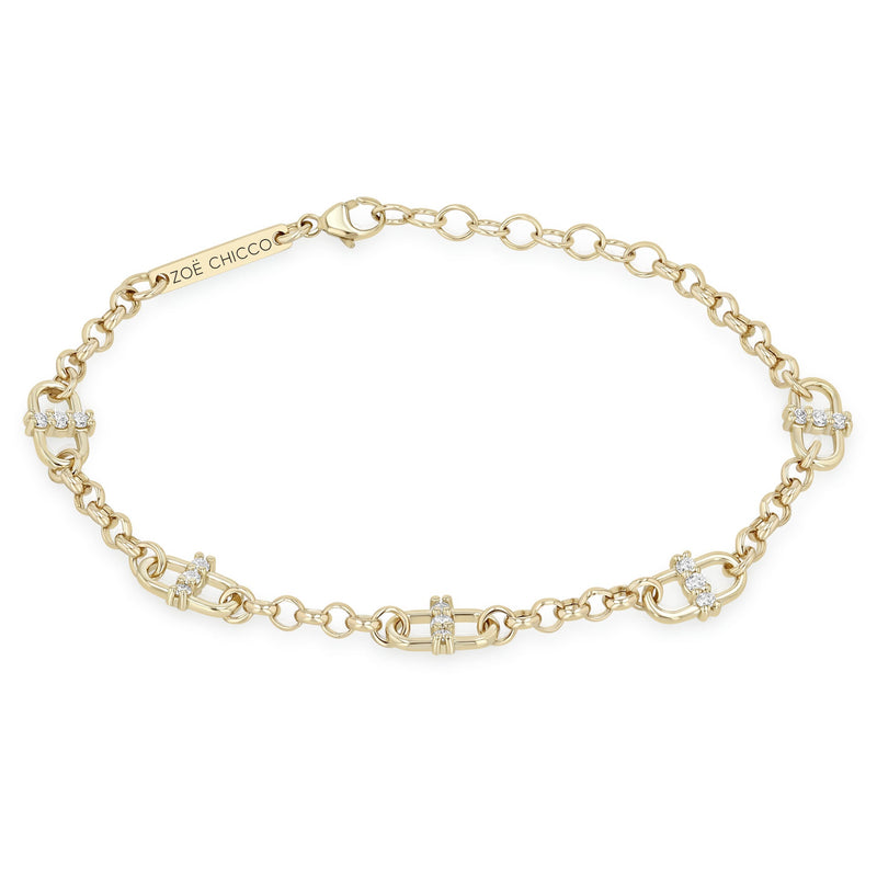 14k Prong Diamond Open Link Station Medium Rolo Chain Bracelet