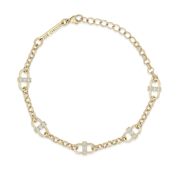 14k Prong Diamond Open Link Station Medium Rolo Chain Bracelet