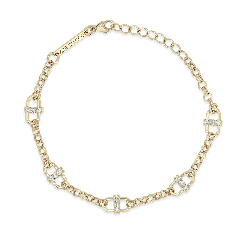 14k Prong Diamond Open Link Station Medium Rolo Chain Bracelet