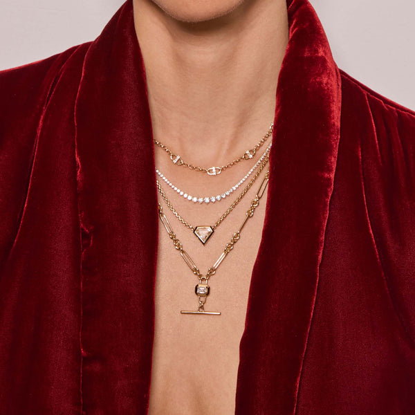 14k Emerald Cut Diamond Faux Toggle Large Paperclip & Rolo Chain Lariat Necklace