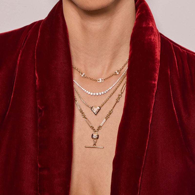 14k Emerald Cut Diamond Faux Toggle Large Paperclip & Rolo Chain Lariat Necklace