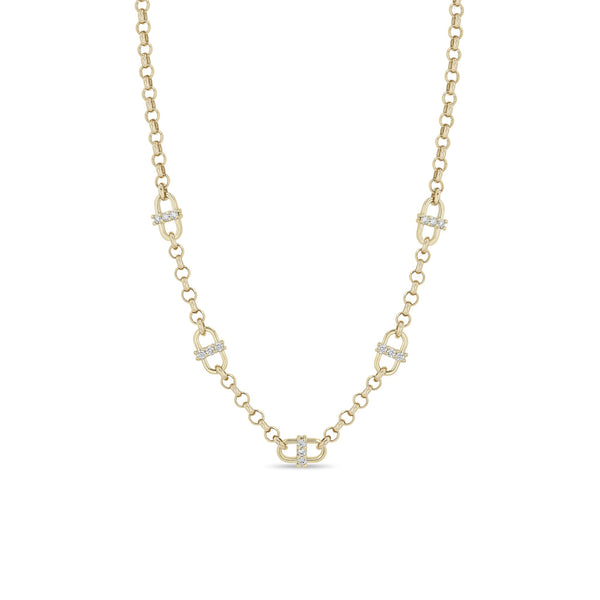 14k 3 Prong Diamond Open Link Station Medium Rolo Chain Necklace