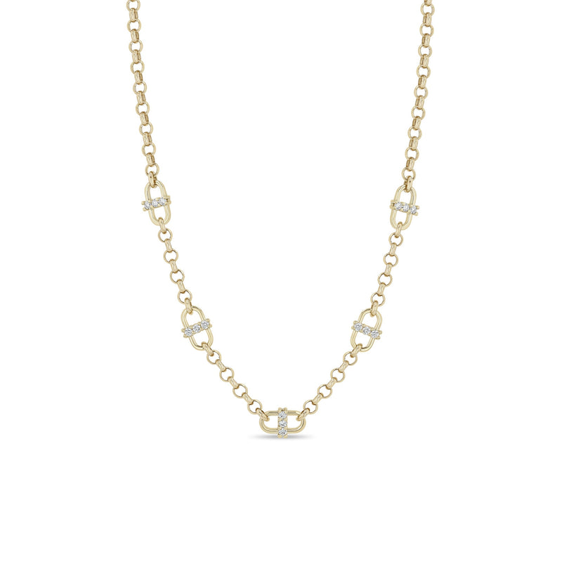 14k 3 Prong Diamond Open Link Station Medium Rolo Chain Necklace