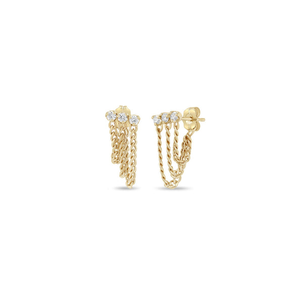 14k Prong Diamond & Curb Chain Huggie Waterfall Earrings