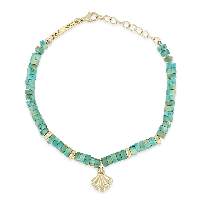 top down view of a Zoë Chicco 14k Gold & Light Turquoise Heishi Bead Seashell Charm Bracelet