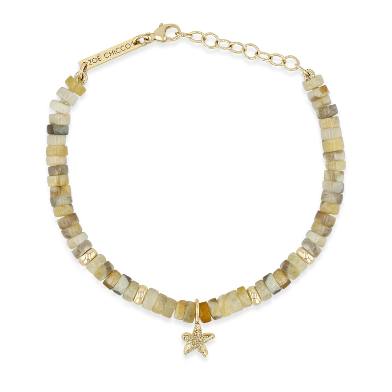 top down view of a Zoë Chicco 14k Gold & Sandy Feldspar Mixed Heishi Bead Starfish Charm Bracelet