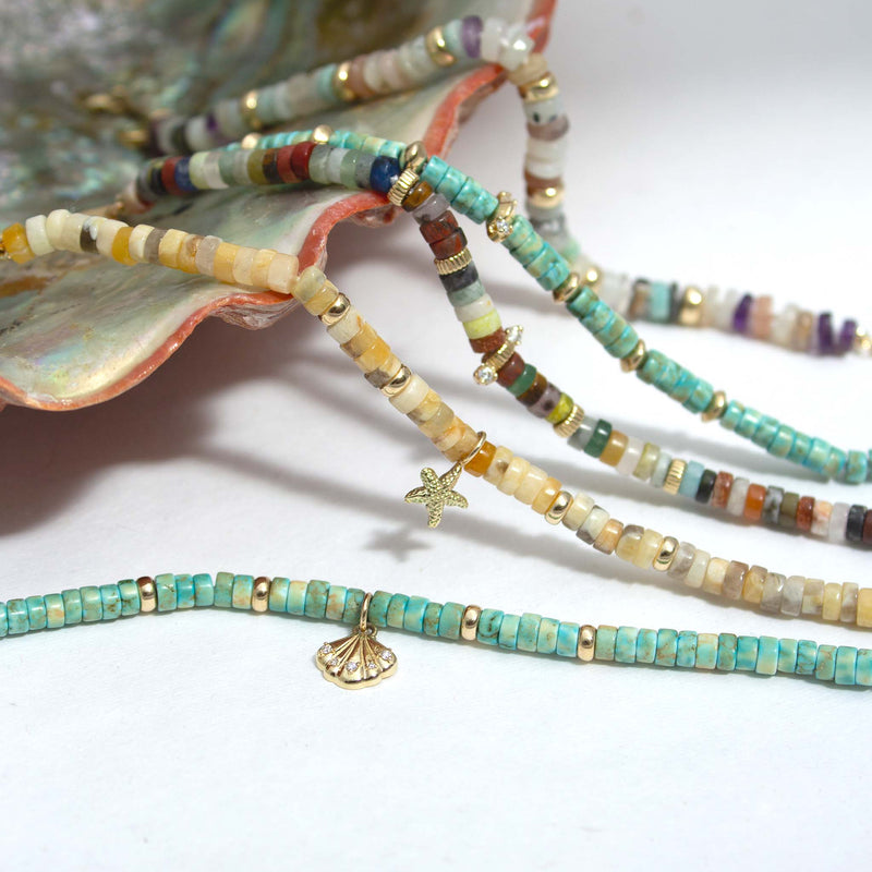 14k Gold & Light Turquoise Heishi Bead Seashell Charm Bracelet and 14k Gold & Sandy Feldspar Mixed Heishi Bead Starfish Charm Bracelet 