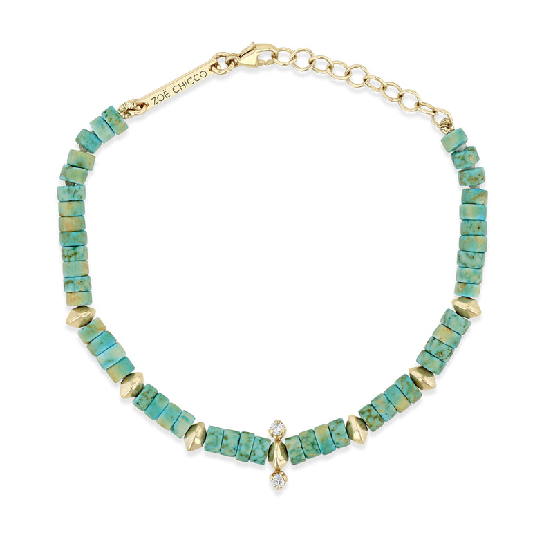 top down view of a Zoë Chicco 14k Gold & Light Turquoise Heishi Bead Bracelet with 2 Prong Diamonds