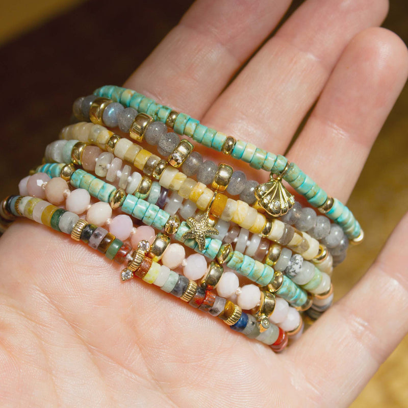 14k Gold & Light Turquoise Heishi Bead Seashell Charm Bracelet and 14k Gold & Sandy Feldspar Mixed Heishi Bead Starfish Charm Bracelet and other mixed gemstone bracelets
