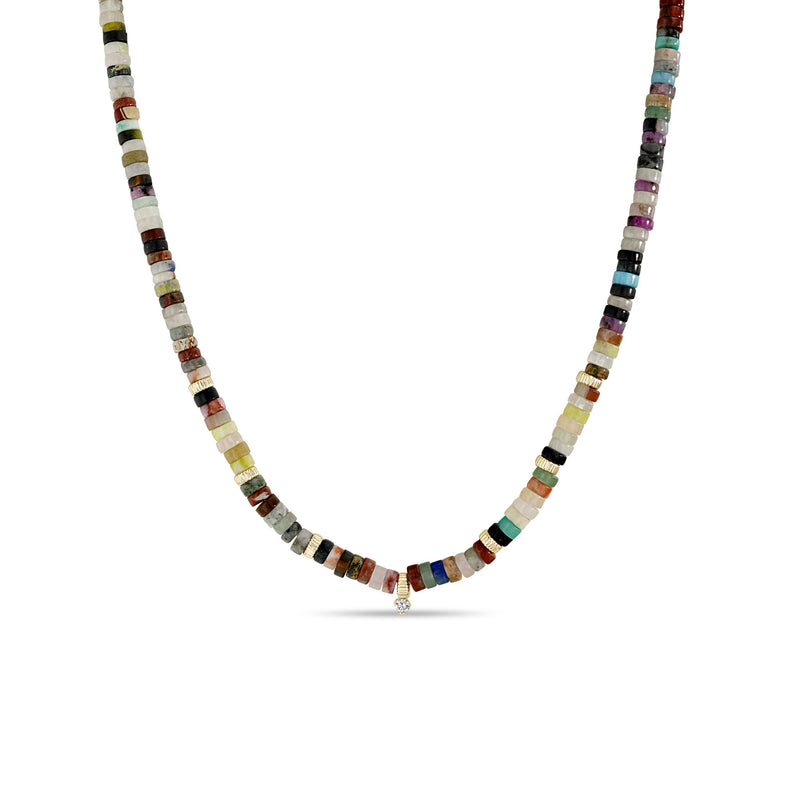 Zoë Chicco 14k Gold & Mixed Gemstone Heishi Bead Necklace with Prong Diamond