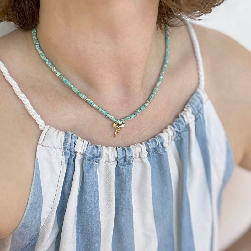 Zoe Chicco's 14k Gold & Light Turquoise Heishi Bead Shark's Tooth Charm Necklace on model