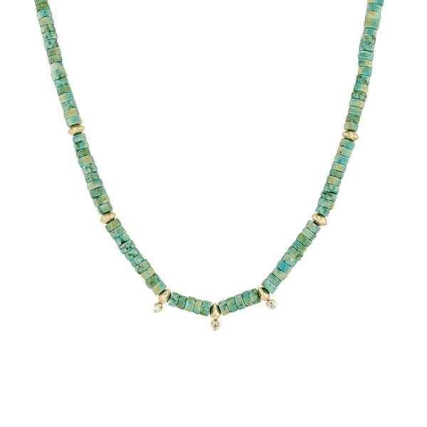 Zoë Chicco 14k Gold & Light Turquoise Heishi Bead Necklace with 3 Prong Diamonds