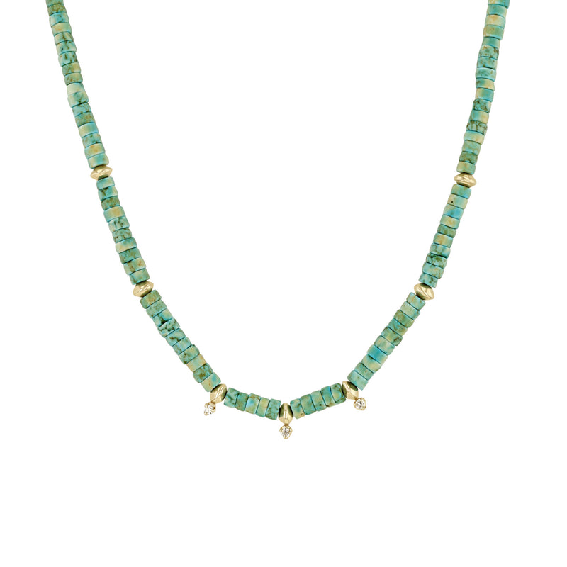 Zoë Chicco 14k Gold & Light Turquoise Heishi Bead Necklace with 3 Prong Diamonds