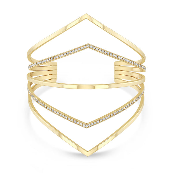 Zoe Chicco 14k gold geometric bar cuff with small diamonds on a white background